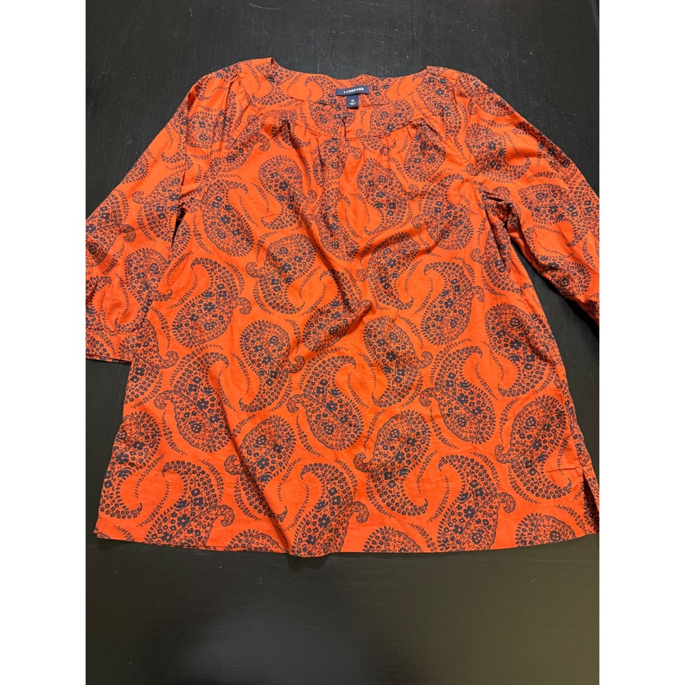 Lands End Womens 12 Orange Navy Paisley Split Neck 3/4 Sleeve Tunic Blouse